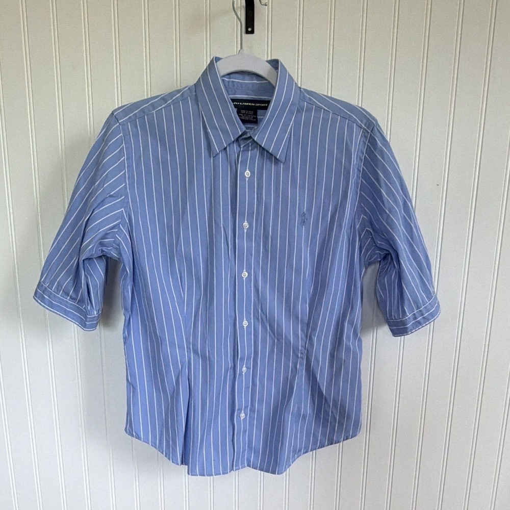 Ralph Lauren Sport Women's Blue W/White Stripes Button-Down Shirt Size 12 Cotton